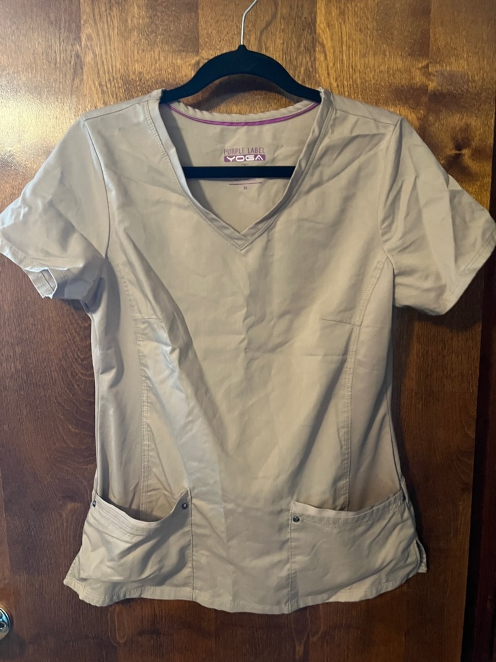 Purple Label YOGA Women's V-Neck Scrub Top in Light Taupe